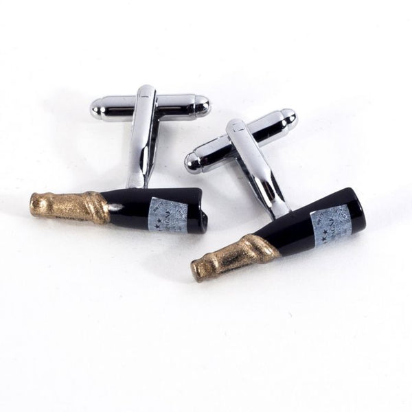 Rhodium Plated Champagne Bottle Design Cufflink with Gold Accents.